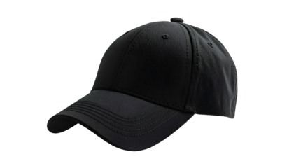 Black baseball cap angled, detail visible, isolated on black background
