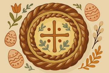 Easter bread, eggs, willow branch and fresh herbs and flowers. Happy Easter! Vector collection isolated on light warm background