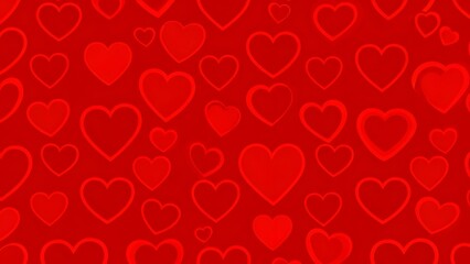 A vibrant red background with a pattern of hearts in various sizes and shades