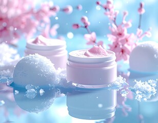 Pink creams, snowballs & flowers in water, soft blue background