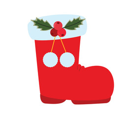 Nikolaus boot with holly and pom-poms. Flat vector Christmas illustration of red holiday shoe with white trim, perfect for festive decorations, cards or seasonal packaging.