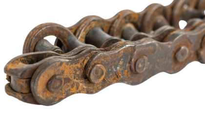 Close-up of a weathered, rusty metal chain, isolated against a transparent background