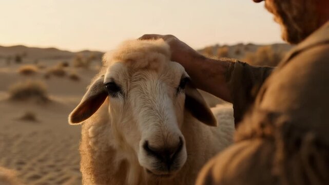 Shepherd's hand gently caressing a sheep in the desert. Biblical scene representing Jesus as the Good Shepherd and his flock Concept of faith .	