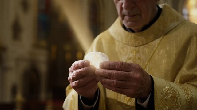 Priest holding holy communion wafer in a church with a golden robe. Religious ceremony of Eucharist in sacred worship space.