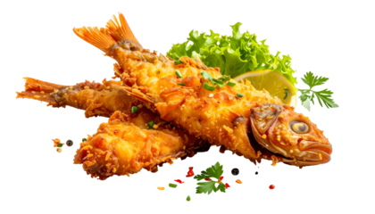 Crispy fried fish on a plate with greens, lemon, and spices