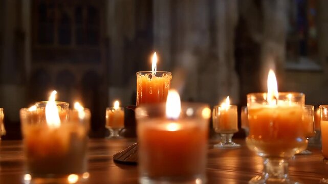 Close up view of many candles burning inside a church, religious light and hope concept for Christian faith and prayer