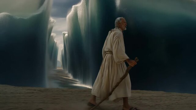 Moses walking along a dry path as towering walls of the parted Red Sea rise on both sides, dramatic biblical scene	