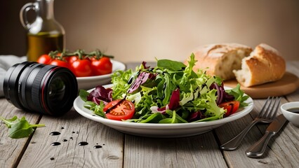 Mixed green salad with sliced tomatoes on white plate next to camera lens on wooden table