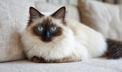 A cat with blue eyes is laying on a couch