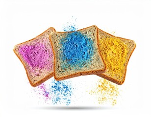 Three toasts painted vibrant pink, blue, yellow suspended