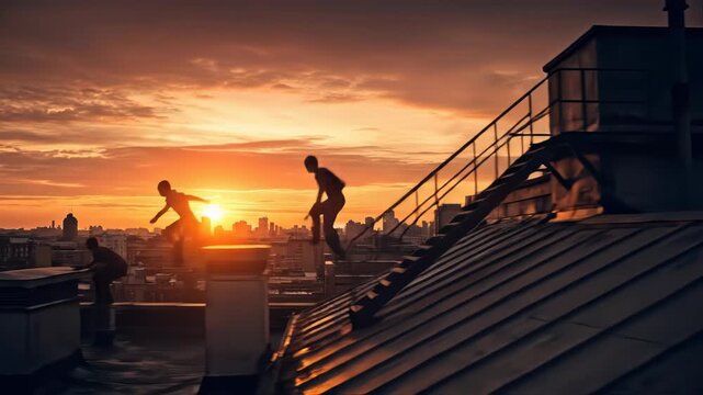 Young man performing parkour jumps on rooftop at urban sunset
