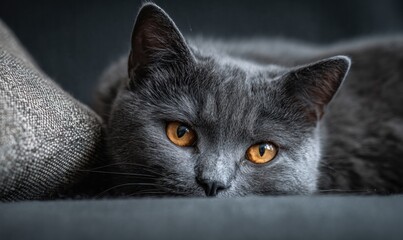 A grey cat with yellow eyes is laying on a couch