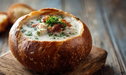 A bowl of soup with bacon and parsley