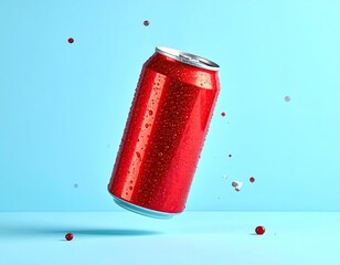Red can suspended with scattered droplets, blue background