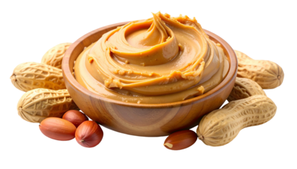 Creamy peanut butter swirls in a wooden bowl with surrounding peanuts