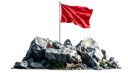 A vibrant red flag flaps atop a rocky outcrop against a stark black background