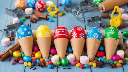 Colorful ice cream cones with candy and baking supplies