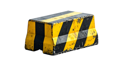 A weathered, rectangular concrete barrier with yellow and black diagonal stripes, isolated