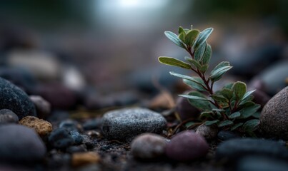 A small plant is growing in a rocky area