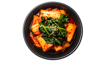 Overhead shot of kimchi in a dark bowl, vibrant colors against a black backdrop