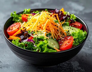 Fresh salad in black bowl w/tomatoes, greens, cheddar