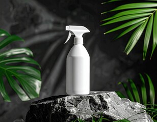 White spray bottle on rock, surrounded by lush green leaves
