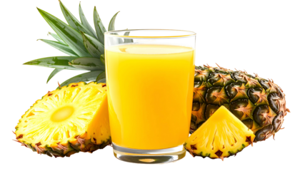 A glass of tropical juice sits amongst fresh pineapple pieces, with vibrant foliage