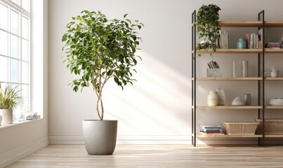 A large potted plant sits in a grey ceramic pot in a room with white walls