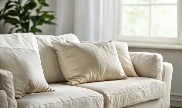 A white couch with two pillows on it