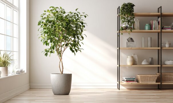 A large potted plant sits in a grey ceramic pot in a room with white walls
