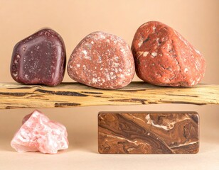 Polished red stones on wood shelf, pink quartz below