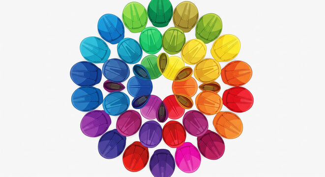 Vibrant rainbow colored pills arranged in a circular pattern - Powered by Adobe
