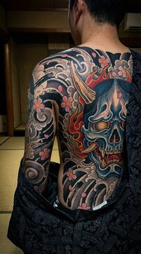 Japanese skull mask inspired by oni, wave clouds, cherry blossoms, dramatic composition, traditional irezumi tattoo style, bold colors and brush-ink details