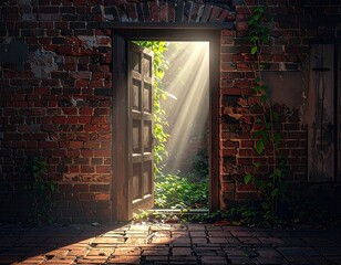 Open door in brick wall beams with sunlight