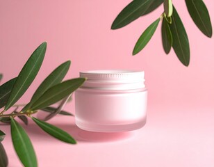 Cream jar with olive branches on a pink backdrop