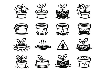 Stress risk health icon sign plant cue icons soil overwatering water vector