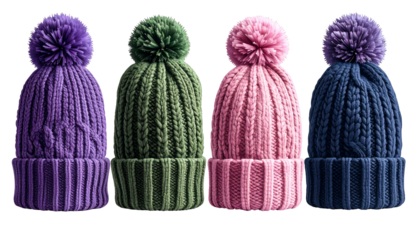 Four colorful knitted winter hats with pom-poms, close up isolated on black background