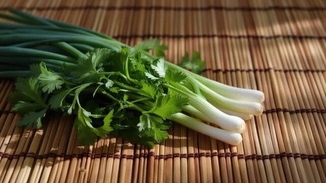 Bunch of fresh green onions and cilantro on a textured bamboo mat scallions herbs