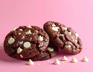 Chocolate cookies with chips stacked on a bright pink background
