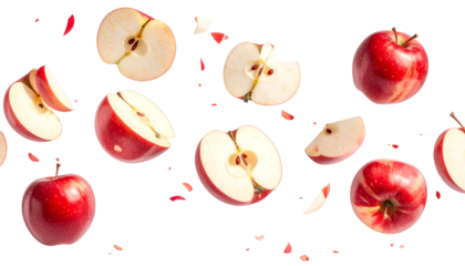Assortment of red apple halves, slices, and whole fruits floating against black