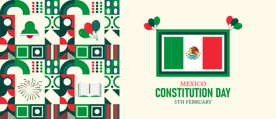 Mexico Constitution Day Poster Banner and Background Design Template Featuring 1917 Constitution Scroll Eagle Cactus Flag Tricolor Ribbon Illustration for February 5 Civic Celebration Theme