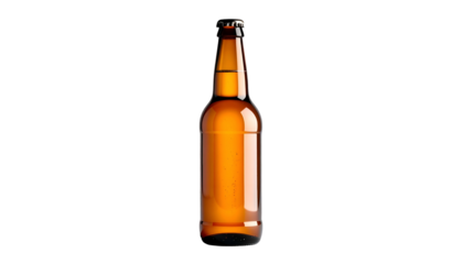 A tall, brown glass bottle of amber liquid stands upright against a stark black background