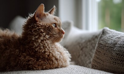 A cat with a fluffy coat is laying on a couch