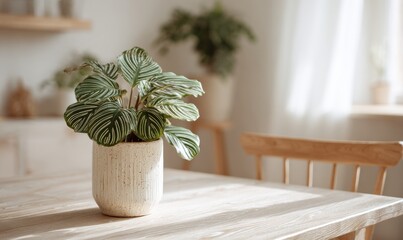 A white plant in a white pot sits on a wooden table