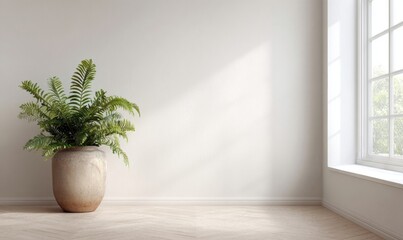 Fototapeta premium A large plant is sitting in a large vase in a room with white walls