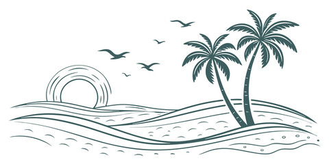 Simple line art beach landscape with palm trees, sea waves, and sun, clean minimalist vector design