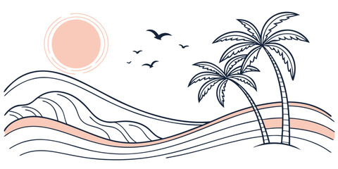 Clean and modern line art of a serene tropical island, perfect for travel branding or posters