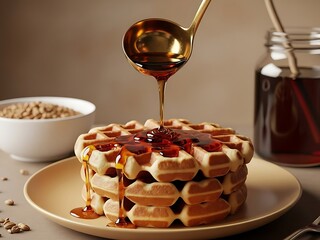 Syrup being poured onto a stack of waffles on a plate