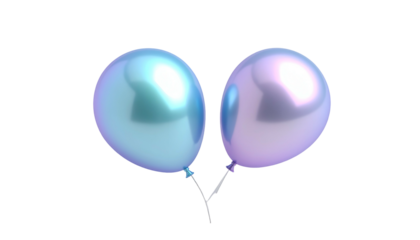 Two glossy, iridescent balloons floating against a stark black background, connected by strings