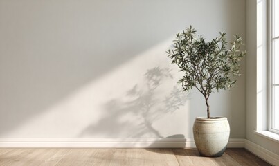 A large white vase with a plant in it sits in a room with a white wall